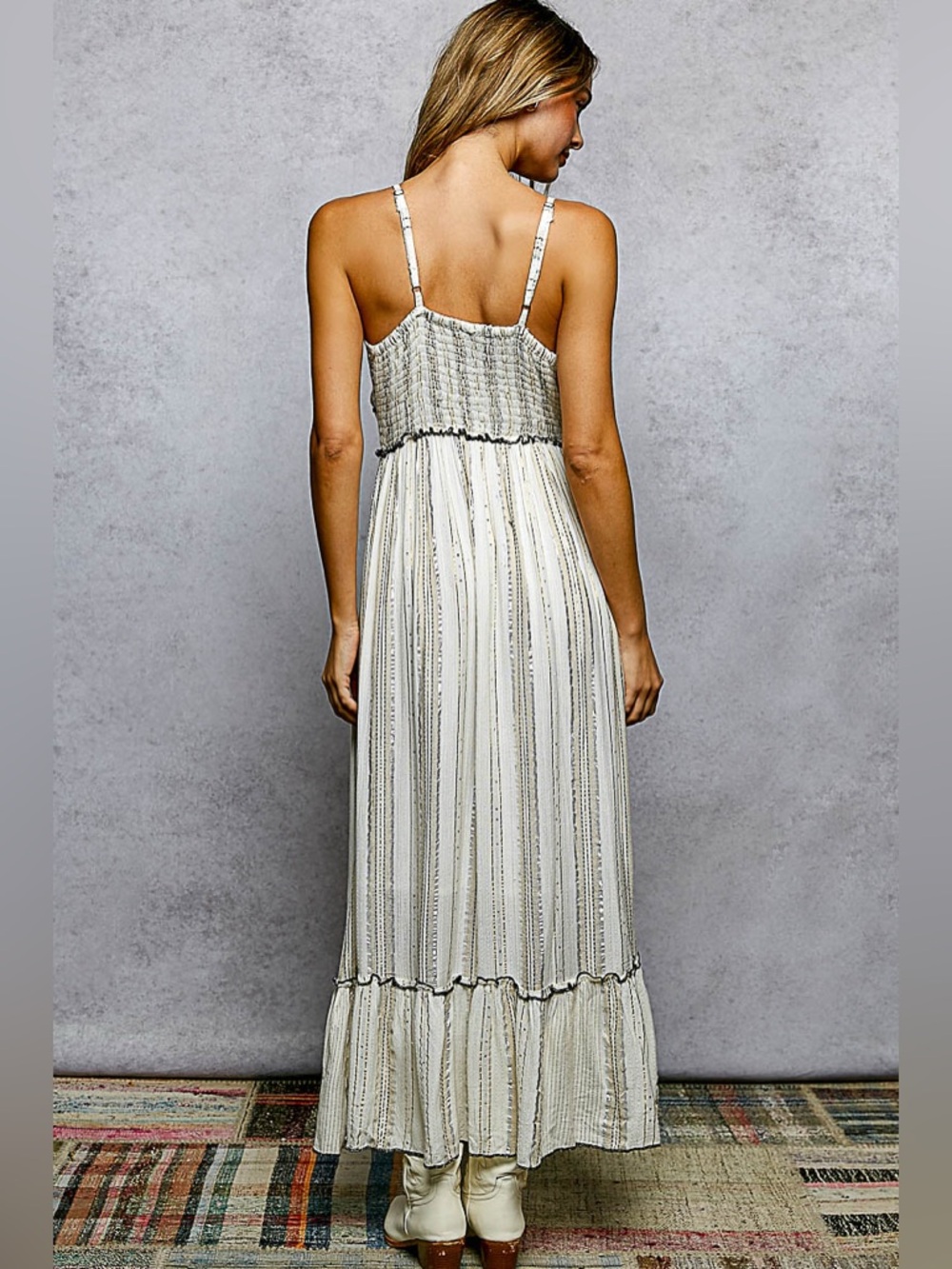 Deep V-Neck Tassel Ruffle Embroidered
Trim Maxi Dress - Picture 5 of 6